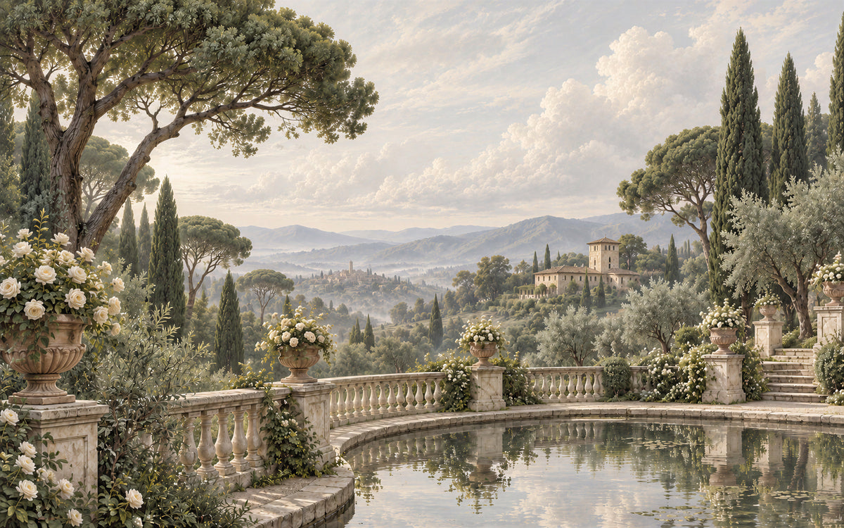 Les Jardins de Valombre garden mural with a reflecting pool, stone balustrade and cypress trees