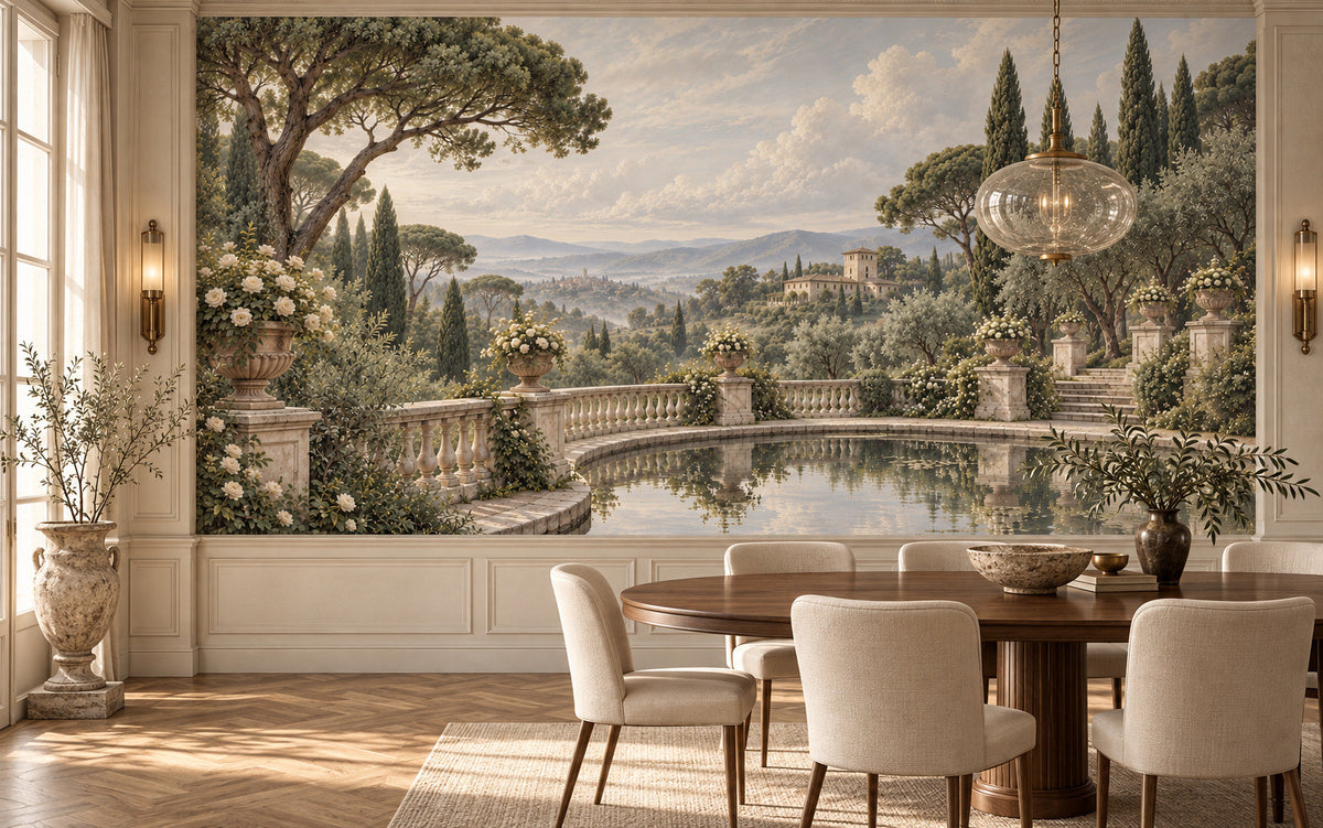 Les Jardins de Valombre garden mural with a reflecting pool, stone balustrade and cypress trees in a styled room