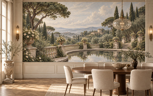 Les Jardins de Valombre garden mural with a reflecting pool, stone balustrade and cypress trees in a styled room
