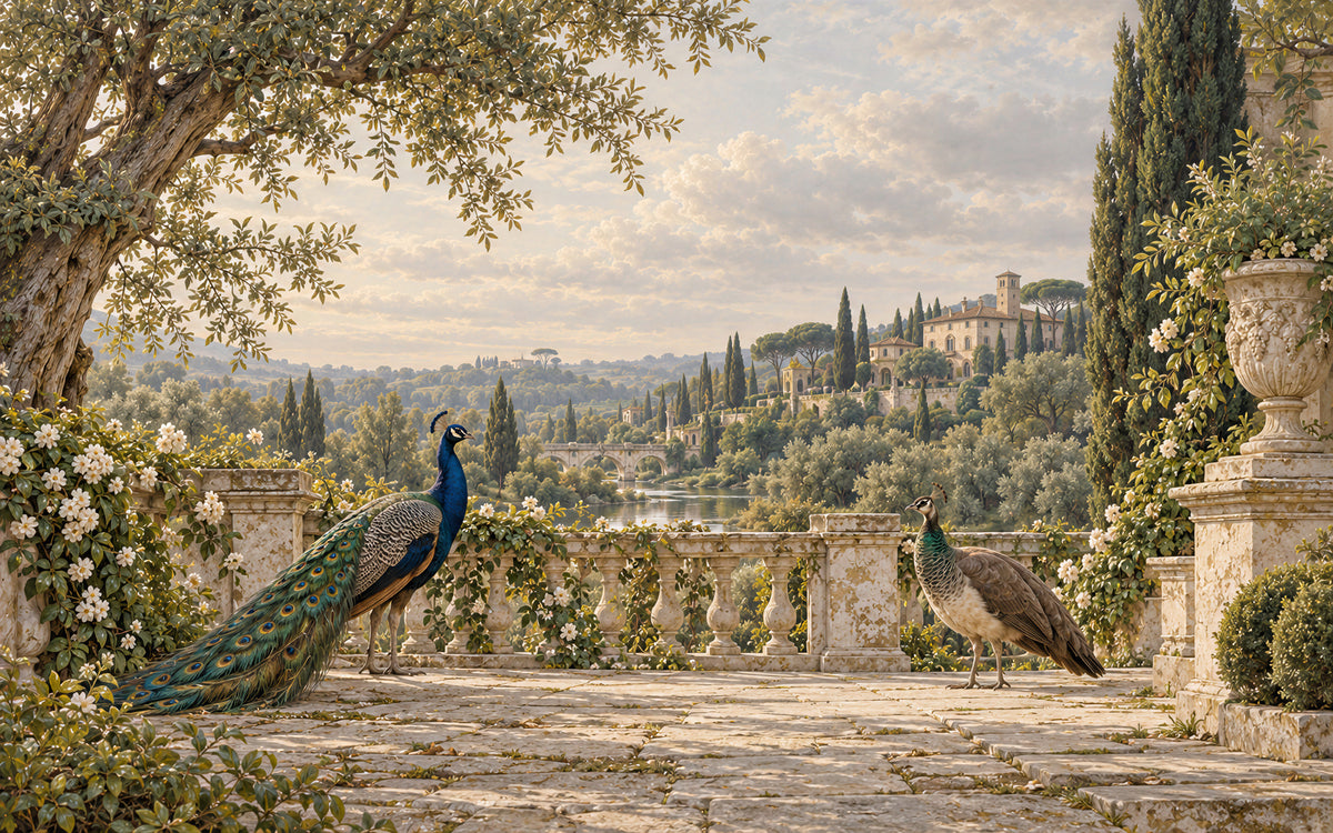 Les Paons de la Villa peacock mural with two birds on a classical garden terrace