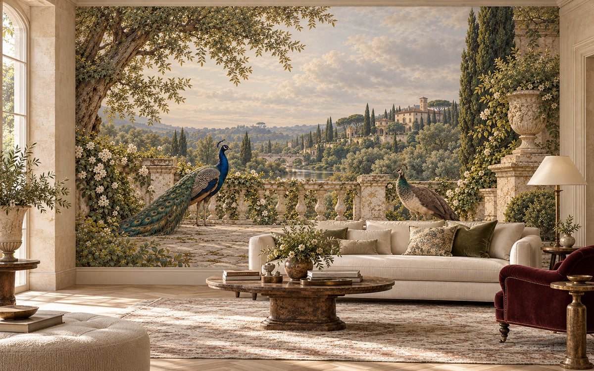 Les Paons de la Villa peacock mural with two birds on a classical garden terrace in a styled room