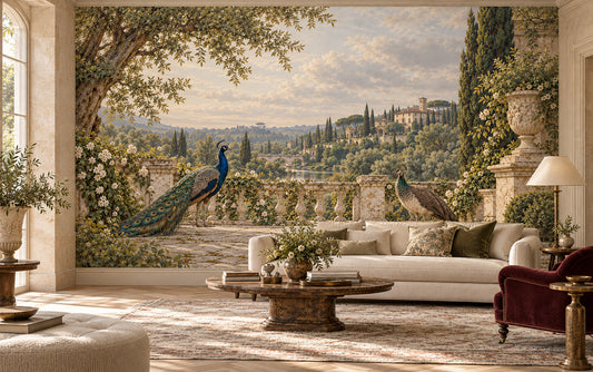 Les Paons de la Villa peacock mural with two birds on a classical garden terrace in a styled room