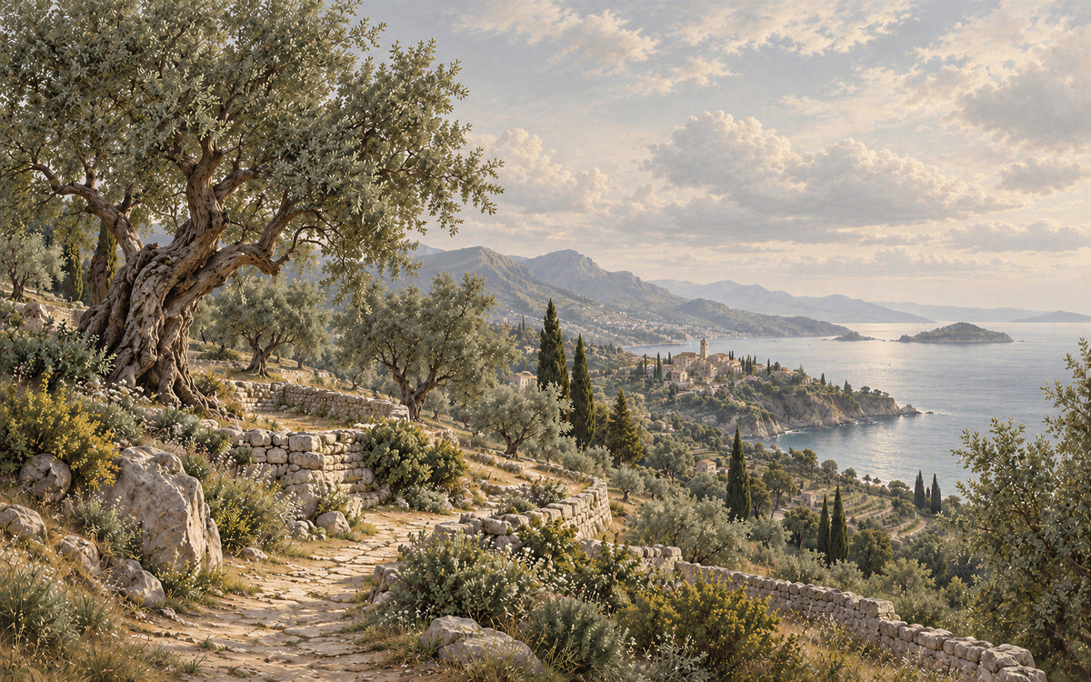 Les Terrasses d’Oliviers mural with olive trees, stone terraces and a muted Mediterranean bay
