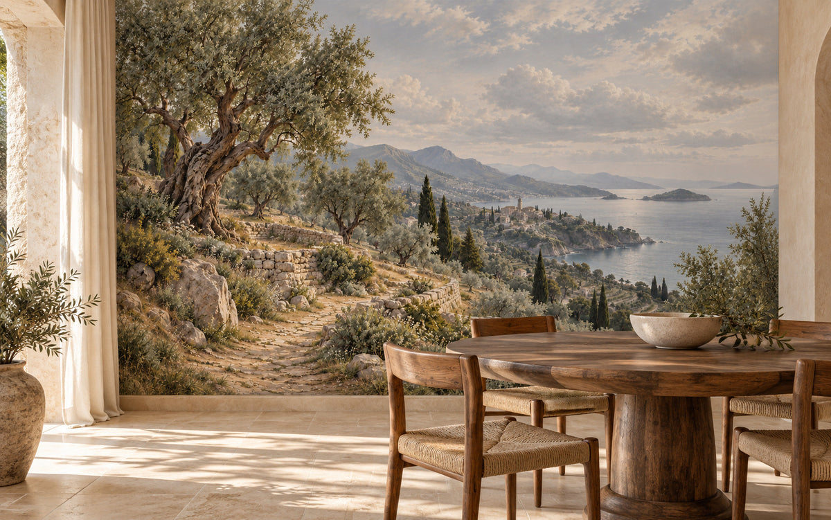 Les Terrasses d’Oliviers mural with olive trees, stone terraces and a muted Mediterranean bay in a styled room