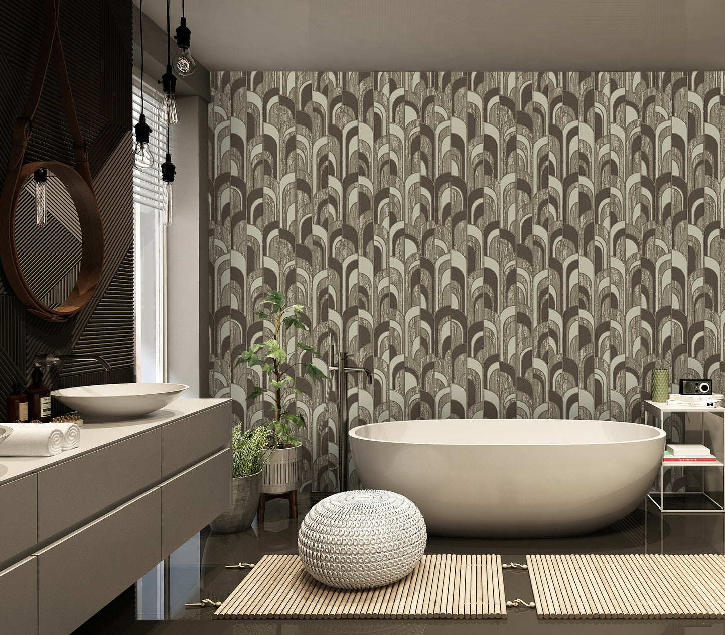 Octavia Greige Architectural Pattern Wallpaper by La Belle Maison