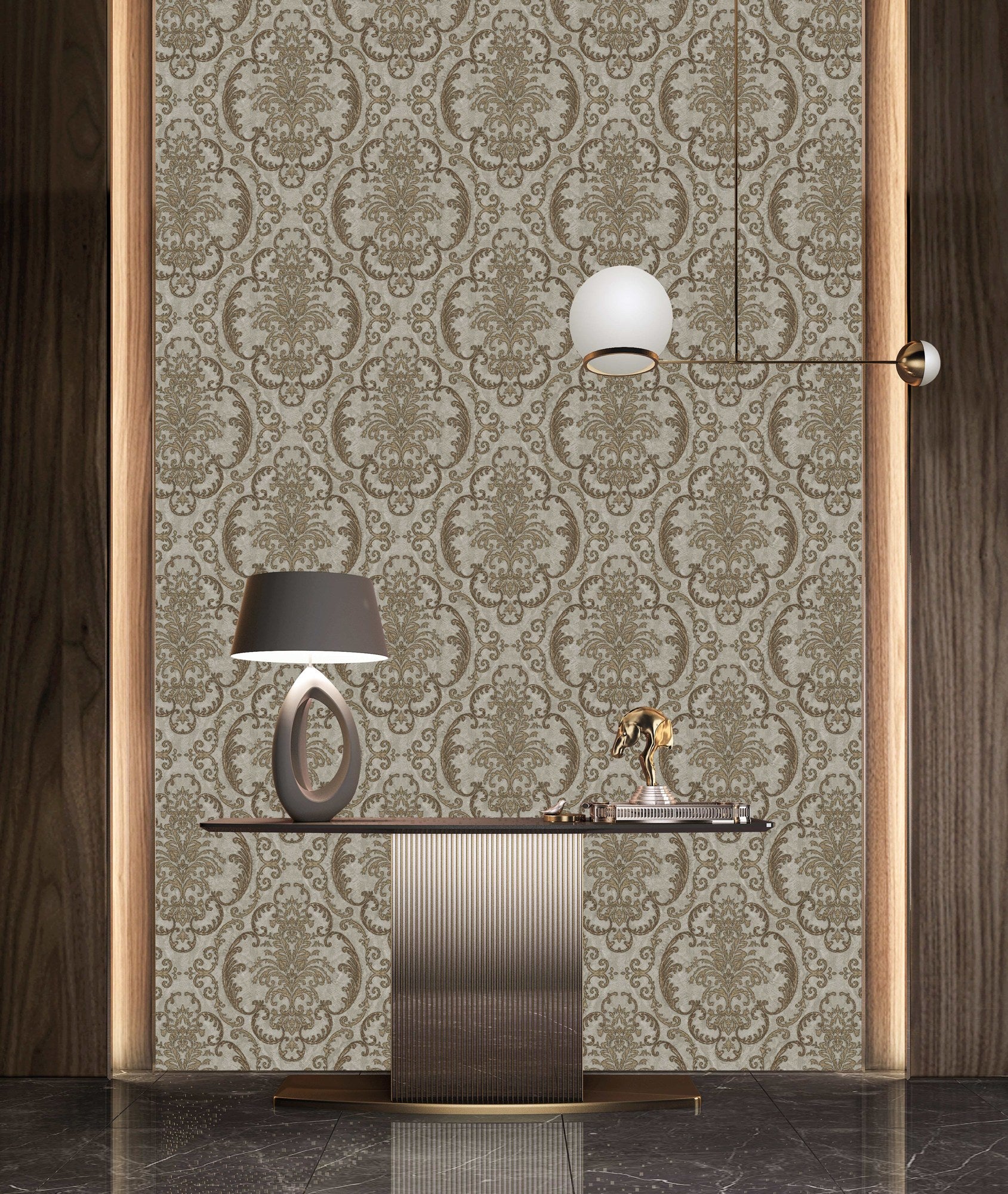 Rococo Maison Greige Vintage Pattern Wallpaper by La Belle Maison