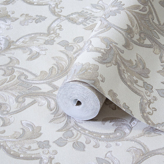 Rococo Maison Stone Grey Heritage Damask Wallpaper by La Belle Maison