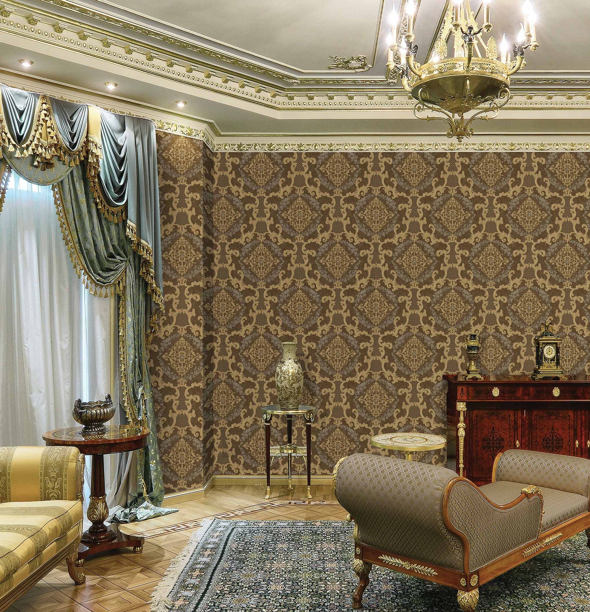 Rumi Stories Mist Grey Heritage Motif Wallpaper by La Belle Maison