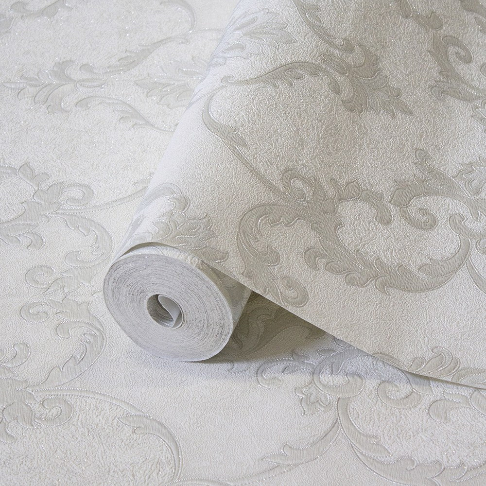 Villa Dante Stone Grey Classic Damask Wallpaper by La Belle Maison