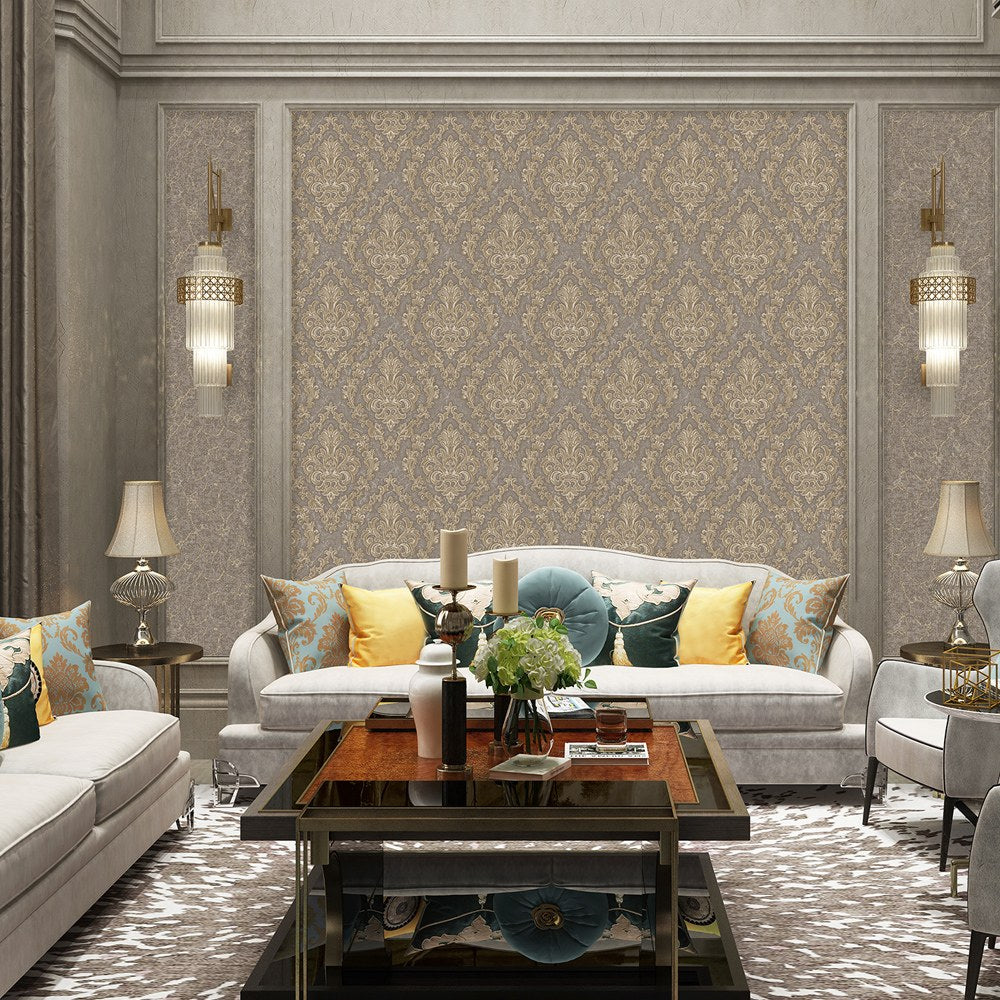 Villa Dante Greige Elegant Ornamental Wallpaper by La Belle Maison