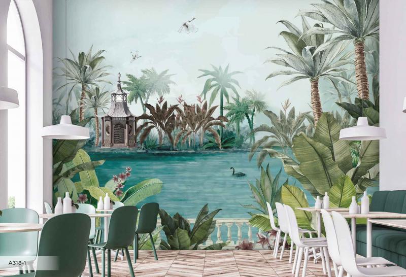 Amazon River Wallpaper Mural - Calm Blue Water and Lush Green Tropical Banks - Scrubbable Vinyl for Bathroom or Spa Interiors.