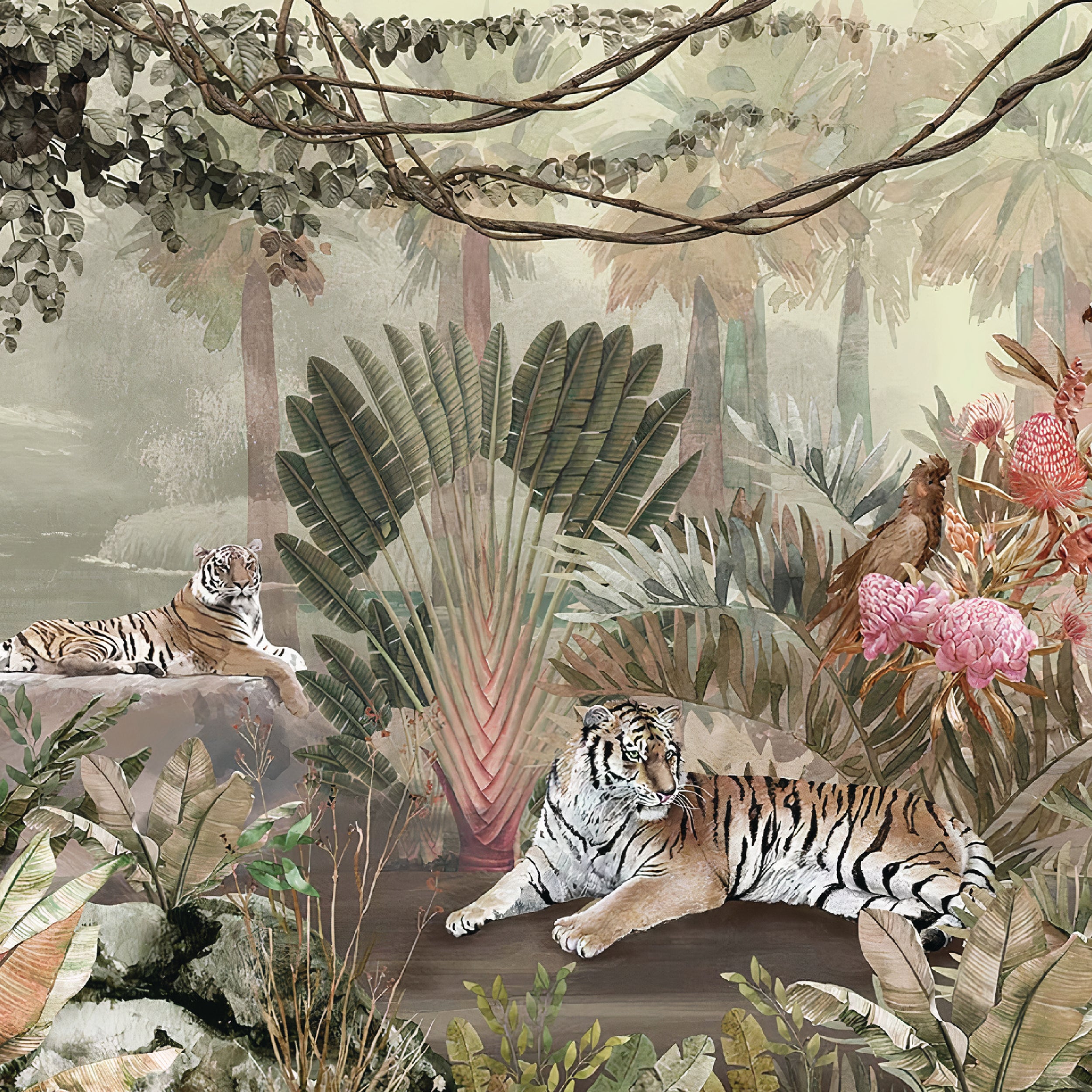 Maximalist Tiger Wallpaper Mural - Orange Tigers in Deep Green Jungle - Scrubbable Vinyl for Statement Walls and Powder Rooms.