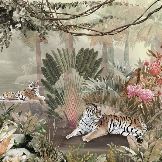 Maximalist Tiger Wallpaper Mural - Orange Tigers in Deep Green Jungle - Scrubbable Vinyl for Statement Walls and Powder Rooms.