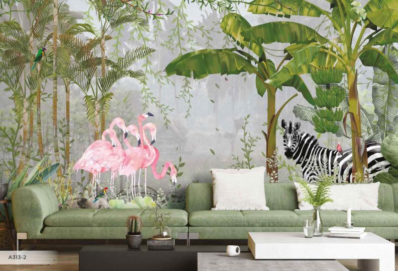 Amazon Jungle Wallpaper with Zebras - Deep Green Tropical Leaves and Black and White Animals - Washable Vinyl Mural for Living Room or Powder Room.