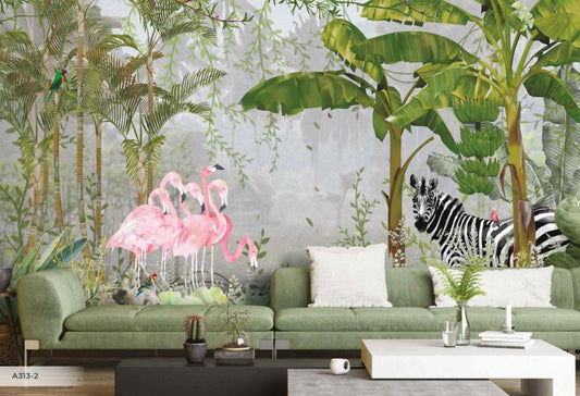 Amazon Jungle Wallpaper with Zebras - Deep Green Tropical Leaves and Black and White Animals - Washable Vinyl Mural for Living Room or Powder Room.